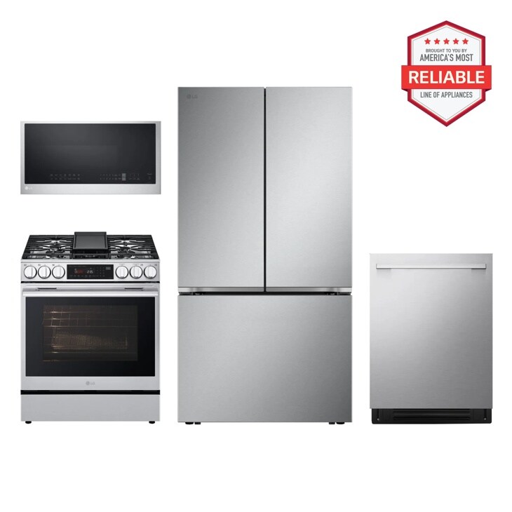 27 cu. ft. Smart Counter-Depth MAX™ French Door Pocket Handle Refrigerator with Slide-in Gas Range, Top Control Dishwasher and Microwave Kitchen Package in Stainless Steel LRFLC2716S_LSGL6335X_MVEL2033F_LDNTM545S