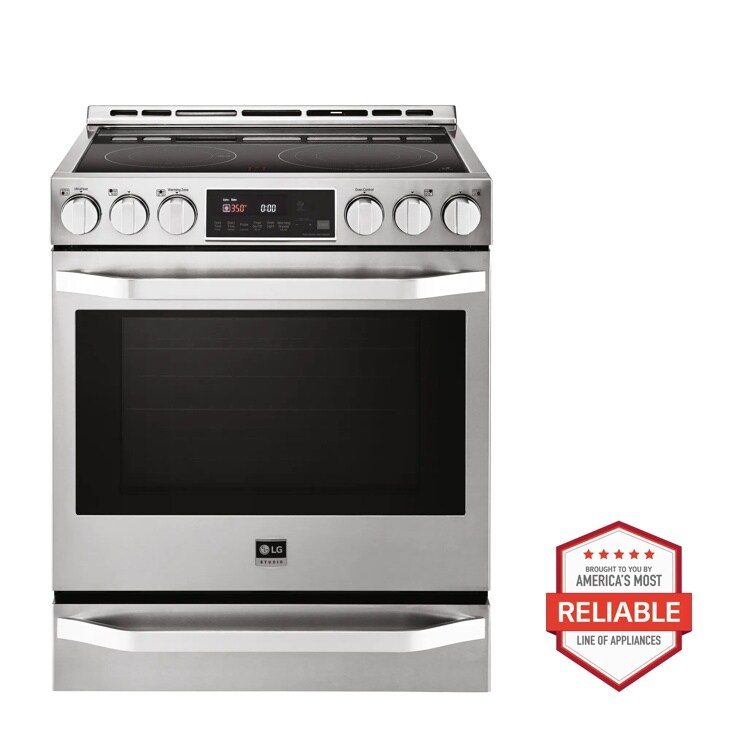 Front view of the LG STUDIO 6.3 cu. ft. Electric Single Oven Slide-In-range with ProBake Convection® - LSSE3027ST. Includes a graphic logo that says, Brought to you by America’s Most Reliable Line of Appliances.