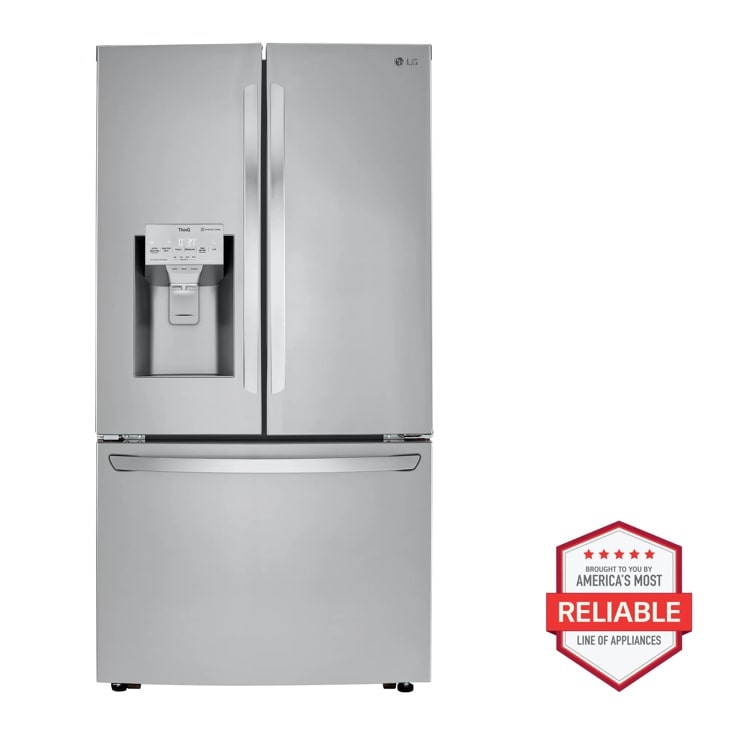 Front view of the 24 cu. ft. Smart Counter-Depth Refrigerator with Craft Ice™ - LRFXC2416S. Includes a graphic logo that says, Brought to you by America’s Most Reliable Line of Appliances.