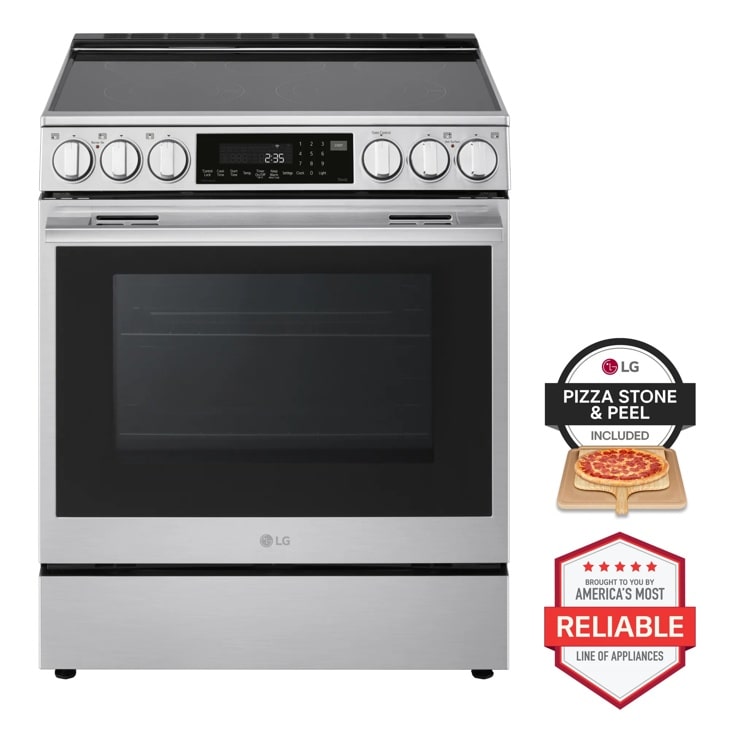 LG LSEL6337XE Range with Pizza Stone and Peel Included badge and Brought to You by Americas Most Reliable Line of Appliances badge - Front View