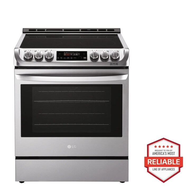 Front view of the 6.3 cu. ft. Electric Single Oven Slide-in Range with ProBake Convection® and EasyClean® - LSE4611ST. Includes a graphic logo that says, Brought to you by America’s Most Reliable Line of Appliances.
