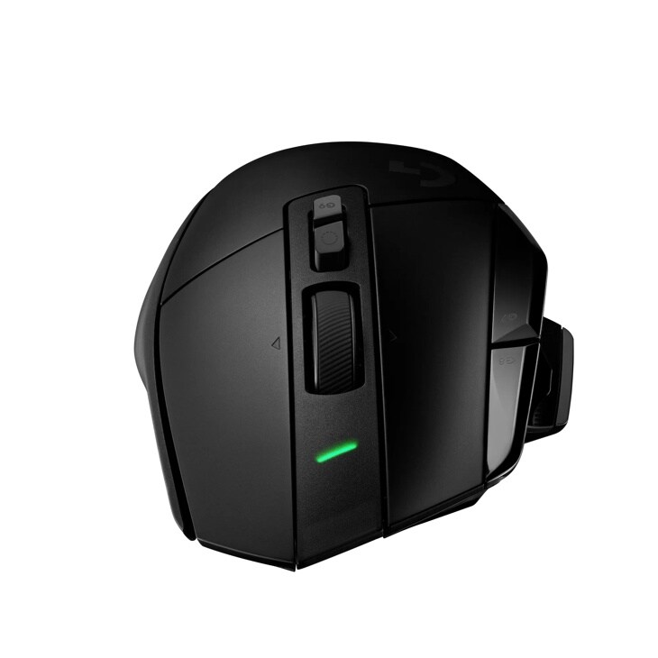 Logitech 910006160 wireless gaming mouse with ergonomic design featuring scroll wheel, programmable buttons, and green indicator light - Side View