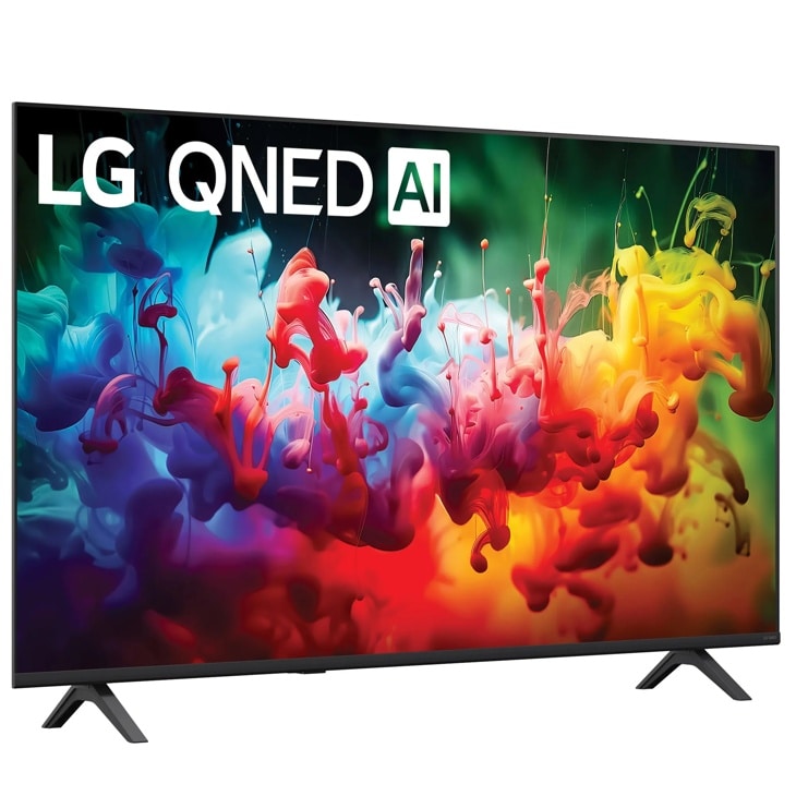 55-Inch LG QNED AI 4K TV 55QNED75BAA displaying vibrant colorful ink splashes in blue, red, yellow and green tones - Side Angle