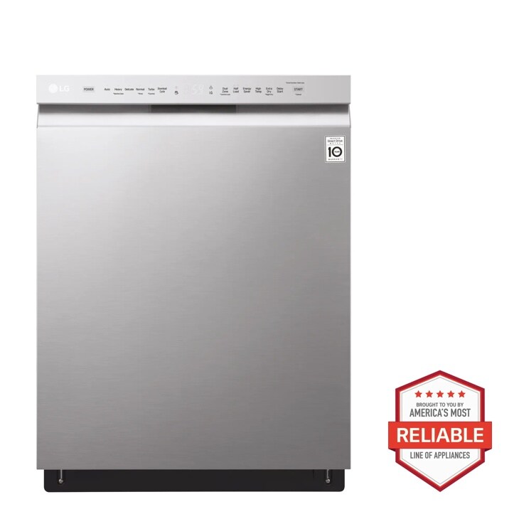 Front view of the Front Control Dishwasher with QuadWash™ and EasyRack™ Plus - LDF5545SS. Includes a graphic logo that says, Brought to you by America’s Most Reliable Line of Appliances.