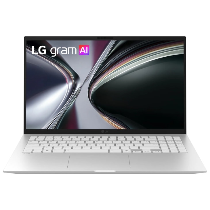 LG 15Z95U-H.AU74U1 Laptop open front view with white keyboard and display showing abstract design
