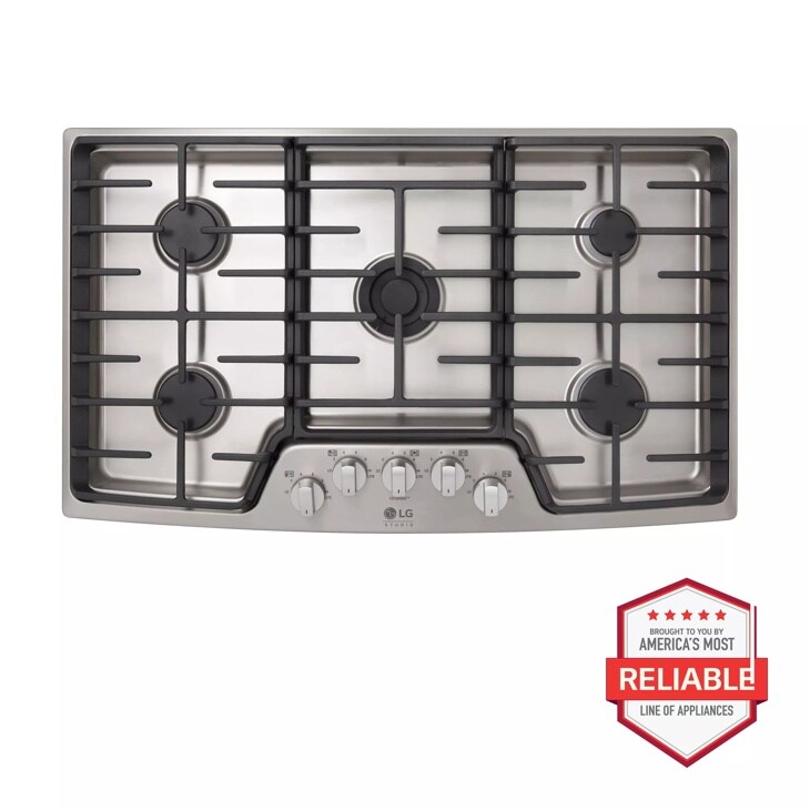Front view of the LG STUDIO 36" Gas Cooktop - LSCG367ST. Includes a graphic logo that says, Brought to you by America’s Most Reliable Line of Appliances.