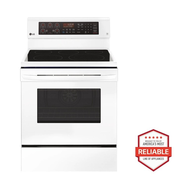 Front view of the 6.3 cu. ft. Electric Single Oven Range with True Convection and EasyClean® - LRE3194SW. Includes a graphic logo that says, Brought to you by America’s Most Reliable Line of Appliances.