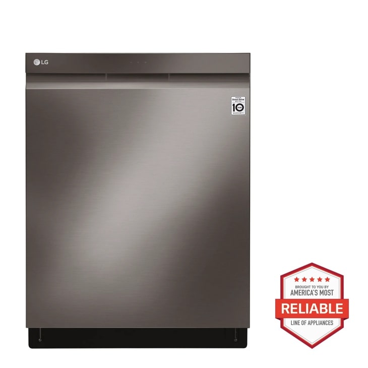 Front view of the Top Control Dishwasher with QuadWash™ and TrueSteam® - LDP7808BD. Includes a graphic logo that says, Brought to you by America’s Most Reliable Line of Appliances.