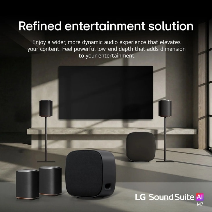 LG M7-P2_W7 Sound Suite AI home theater system with wireless rear speakers and subwoofer in modern living room