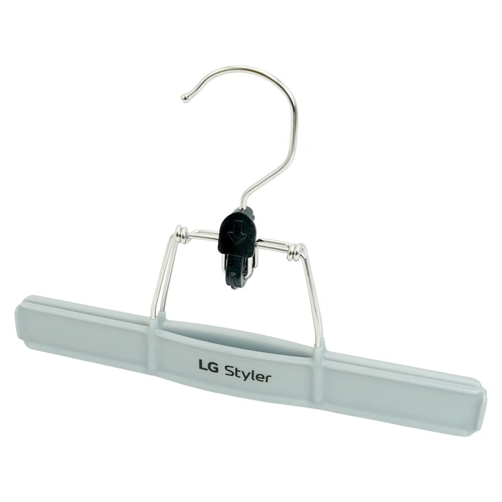 LG Styler clothing hanger with metal hook and clip Front View