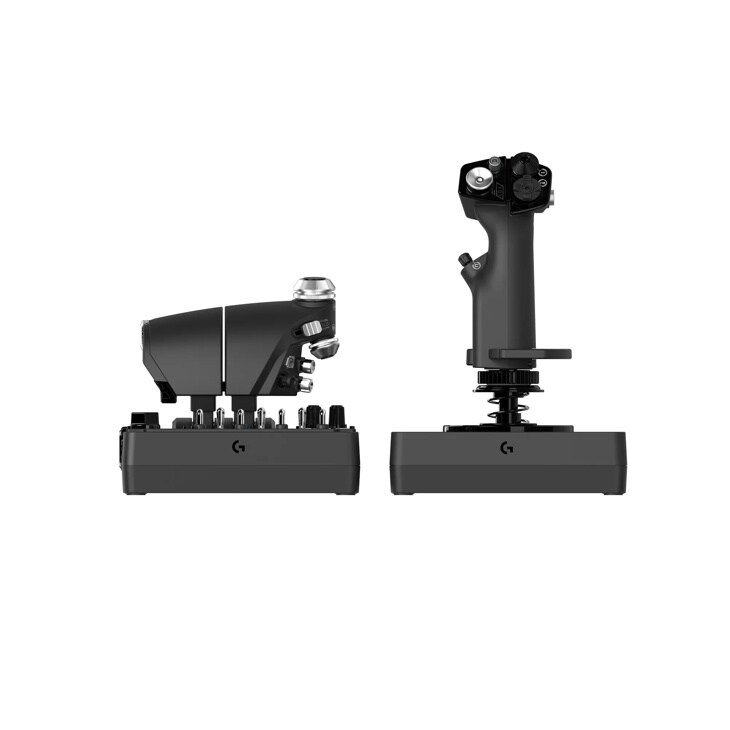 Logitech 945000058 flight simulator controller with throttle quadrant and joystick components in black finish - Side View
