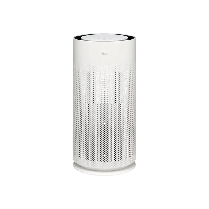LG AS351GW30 Air Purifier with cylindrical white design featuring perforated exterior and control panel on top - Front View