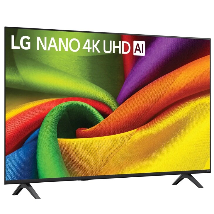 55-Inch LG NANO 4K UHD AI TV 55NU850BAUA displaying vibrant colorful fabric swirl pattern on screen - Side Angle