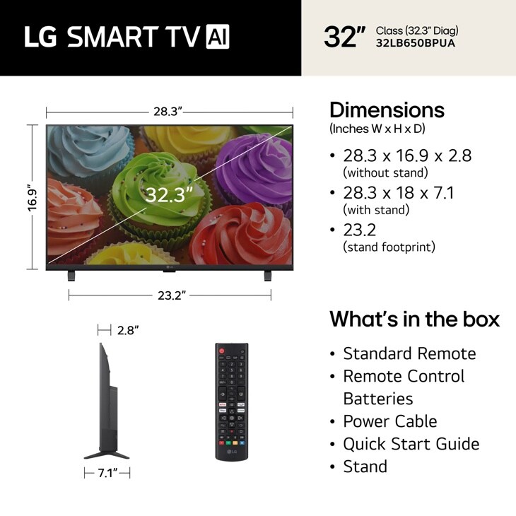 32LB650BPUA LG Smart TV AI Dimensions and Box Contents - Front View with Stand and Remote Control