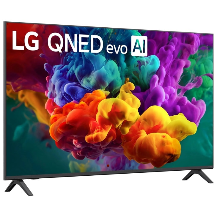 55-Inch LG QNED evo AI 4K TV 55QNED84BUA displaying vibrant colorful ink clouds in red, yellow, blue, and purple - Front Angle View