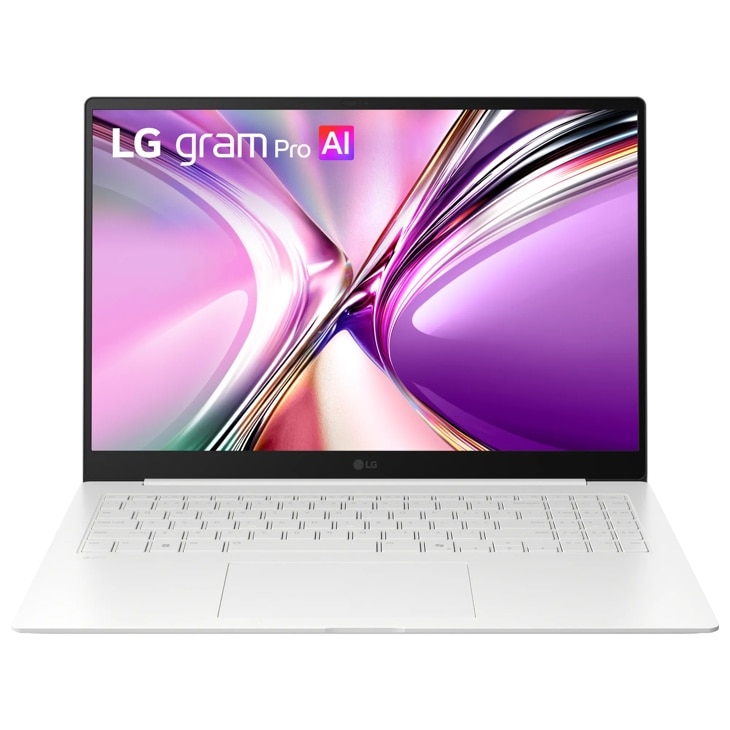 LG Gram 16Z95U-G.AU82U1 Pro AI Laptop with white keyboard and colorful display showing purple and pink abstract design - Front View