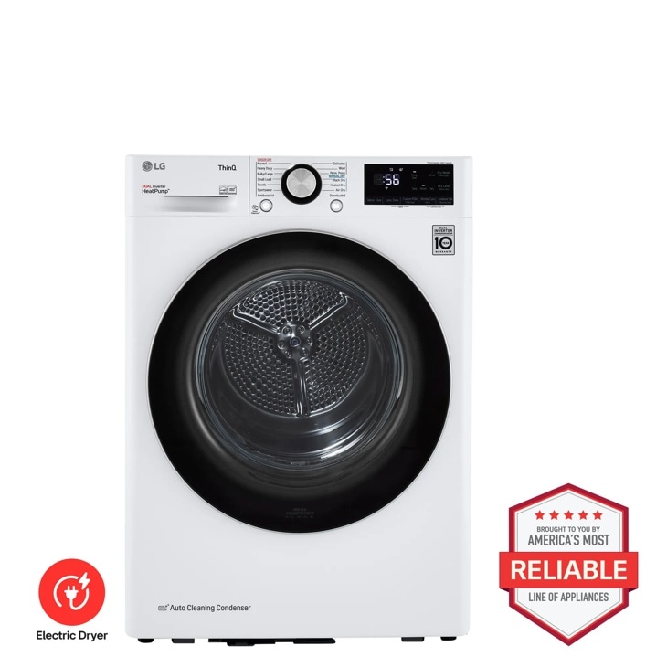 LG DLHC1455W DUAL Inverter HeatPump Electric Dryer with 10 Year Warranty Badge - Front View