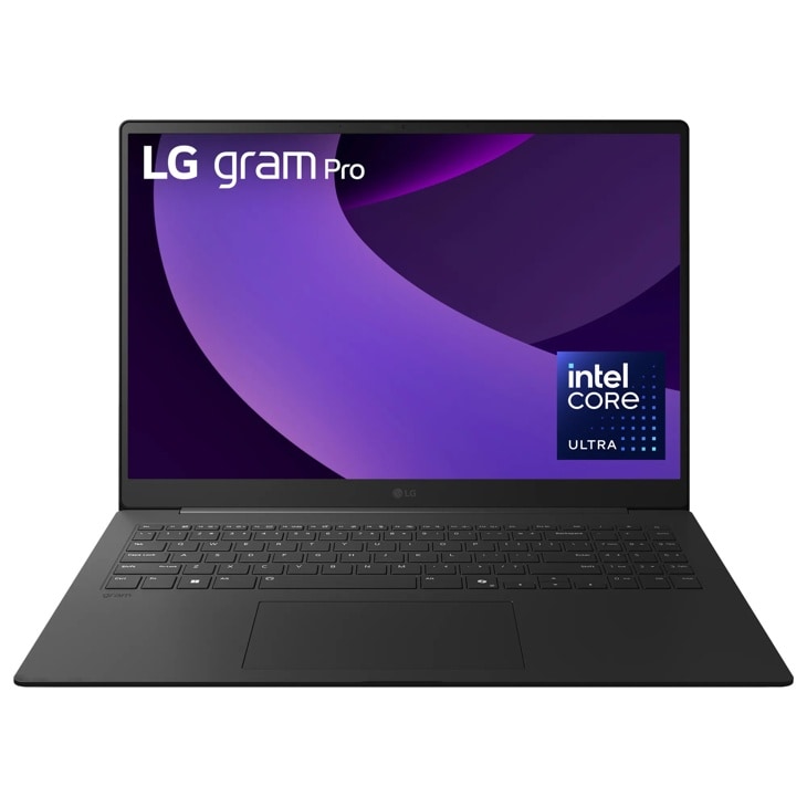 LG Gram 16-Inch 16Z90TS-G.AUG9U1 Laptop with purple display background showing Intel Core Ultra logo - Front View