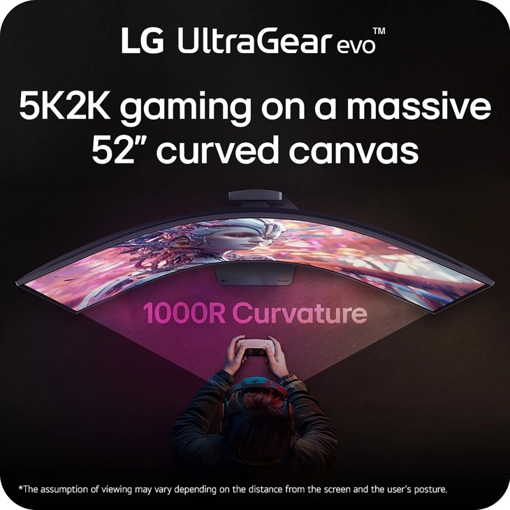 LG 52G930B-B 52-Inch UltraGear evo Monitor with 5K2K gaming on curved canvas featuring 1000R Curvature and gamer using controller