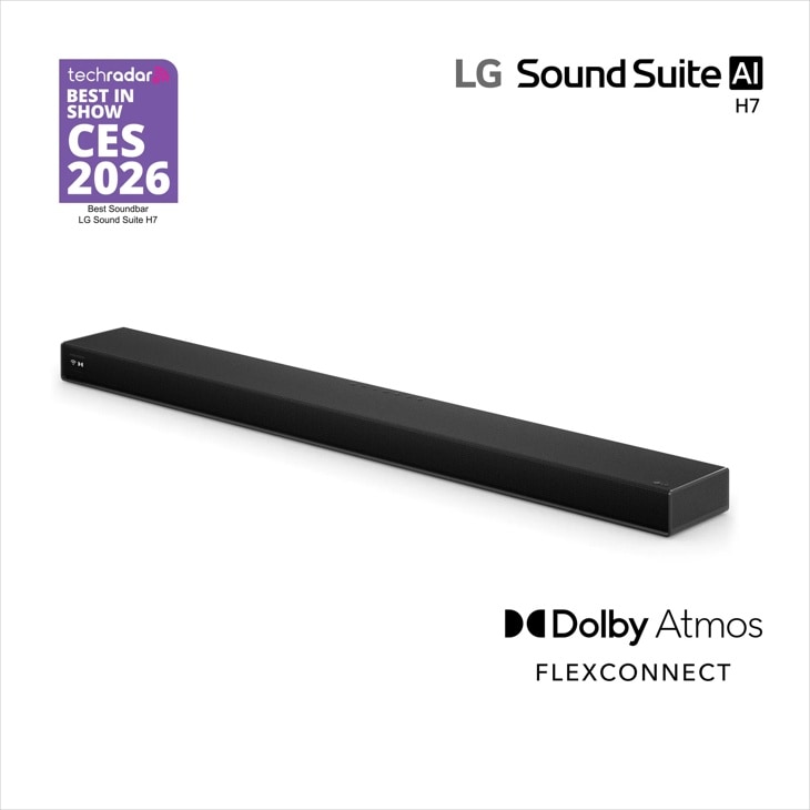 H7 Soundbar with Dolby Atmos and FLEXCONNECT featuring TechRadar Best in Show CES 2026 award badge - Front View