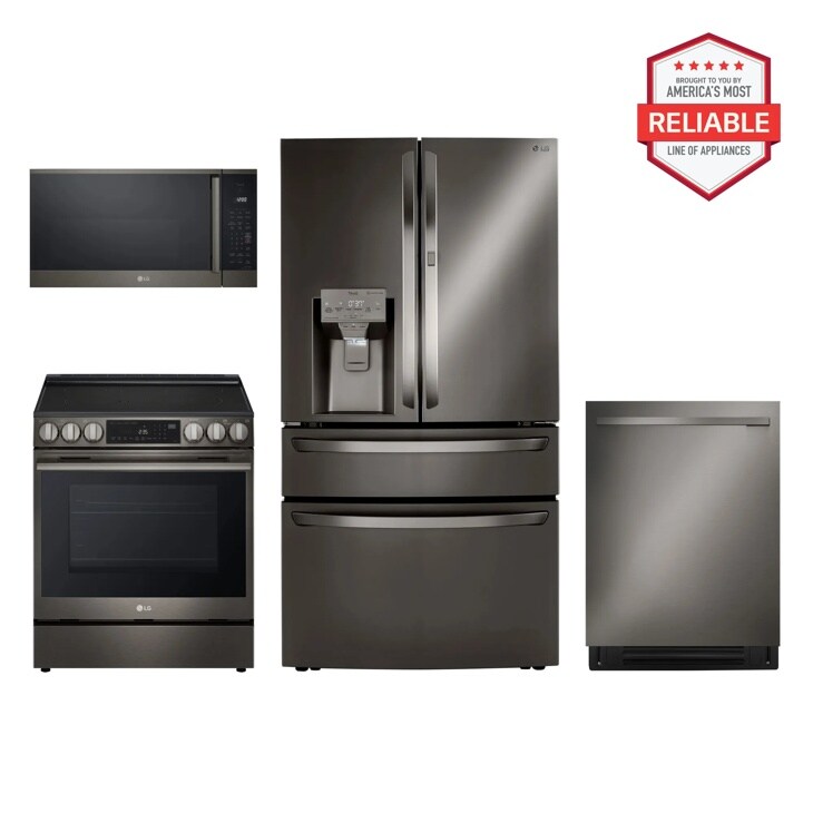 LG Kitchen Package with LRMDS3006D, LSEL6335ZE, MVEM1825Z, LDNTM545D, featuring America's Most Reliable Line of Appliances, Front View