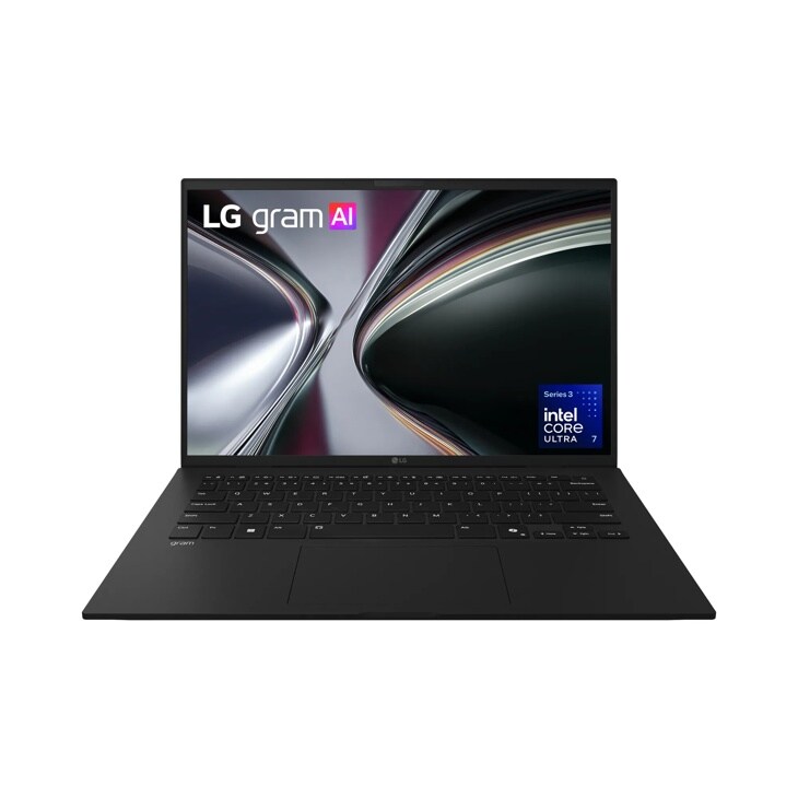 LG Gram 14Z90U-G.AU87U1 Laptop with Intel Core Ultra 7 processor showing open display with LG gram AI logo and black keyboard - Front View
