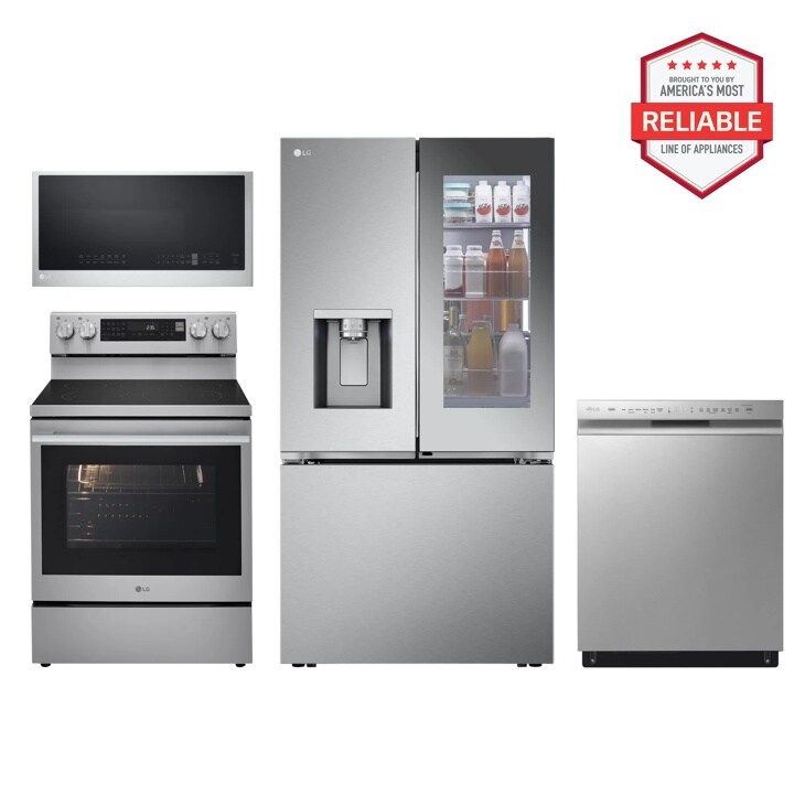 26 cu. ft. Counter-Depth Instaview French Door Refrigerator with Freestanding Electric Range, Front Control Dishwasher and Microwave Kitchen Package in Stainless Steel  LRYKC2606S_LREN6325XE_MVEL2033F_LDFN4542S 
