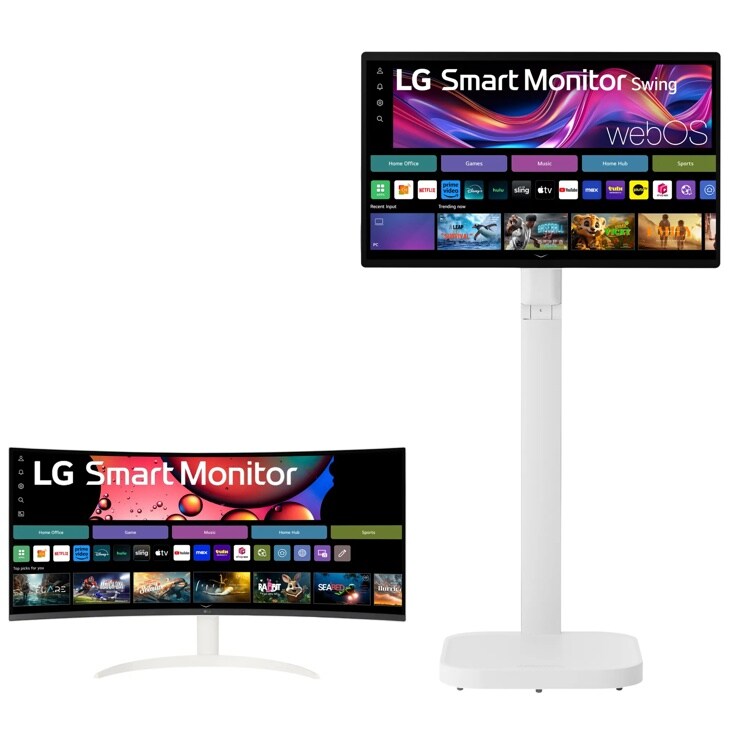 LG 34SR60QC-W and 32U889SA-W Smart Monitor package with webOS interface displayed on screens