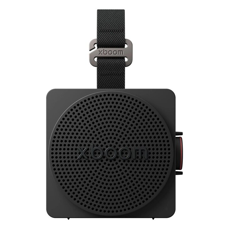 MINI_ANOALBK portable speaker with black fabric strap and circular perforated speaker grille showing xboom logo and side control button