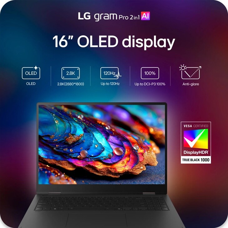 LG Gram Pro 16T95TP-K 16-Inch 2-in-1 AI Laptop with OLED display featuring 2.8K resolution, 120Hz refresh rate, DCI-P3 100% color and anti-glare screen