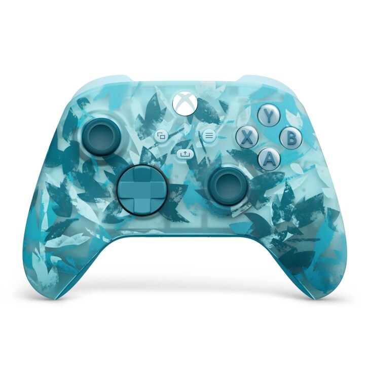 Xbox wireless controller EP229571 with blue camouflage pattern design showing all buttons and joysticks - Front View