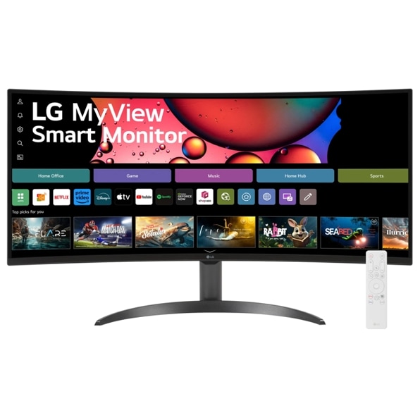Front view of the 34 Inch LG MyView (34SR60QC-B) black curved smart monitor with WQHD resolution, webOS and a remote control
