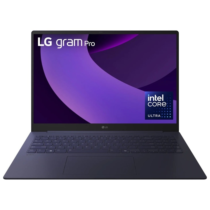 LG Gram 16-Inch 16Z90TR-E.ADB7U1 Laptop with purple display showing LG gram Pro logo and Intel Core Ultra badge - Front View