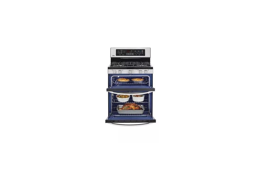 LG LDG3017ST 30 Inch Freestanding Gas Double Oven Range with 5 Sealed  Burners, SuperBoil Burner, 6.1 cu. ft. Total Capacity, Griddle, EvenJet  Convection System, Infrared Grill System, WideView Window and Brilliant  Blue Interior