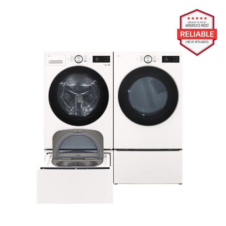 5.0 cu. ft. Front Load Washer and 7.4 cu.ft. Gas Dryer with pedestal washer and drawer in Alpine White WM5800HAA_DLGX5801A_WD300CA_WDP6A