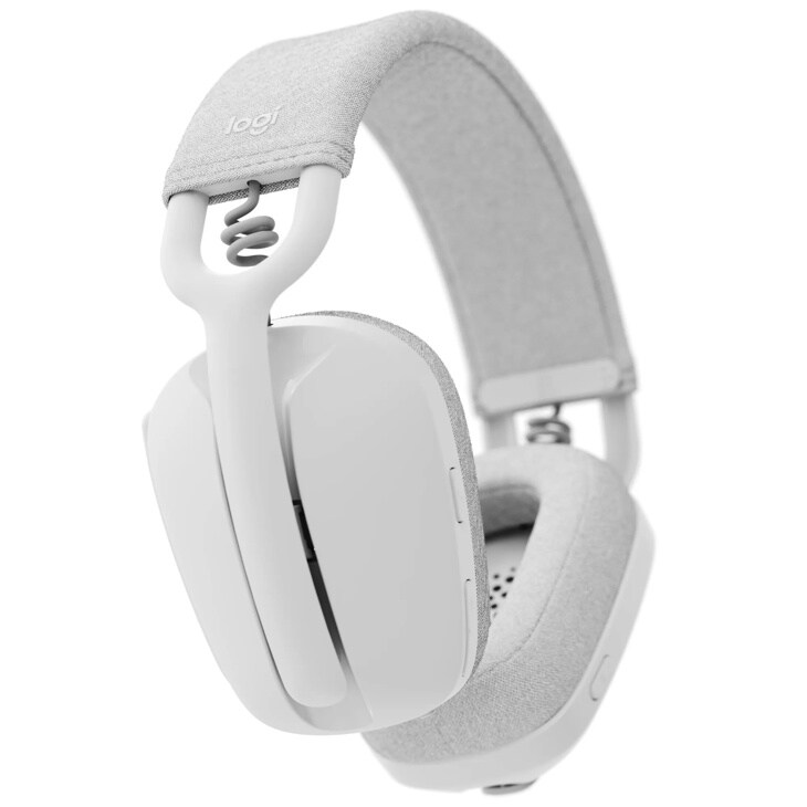 Logitech 981001257 wireless headphones with white finish and light gray fabric headband cushioning - Side View