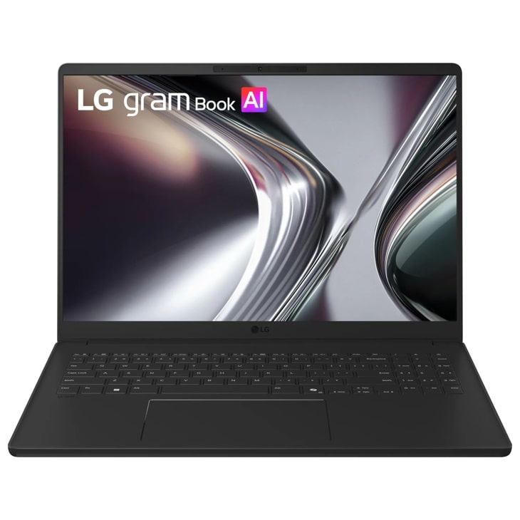 LG Gram 16-Inch 16U55U-H.AU87U1 Laptop with full keyboard and trackpad displaying LG gram Book AI screen - Front View