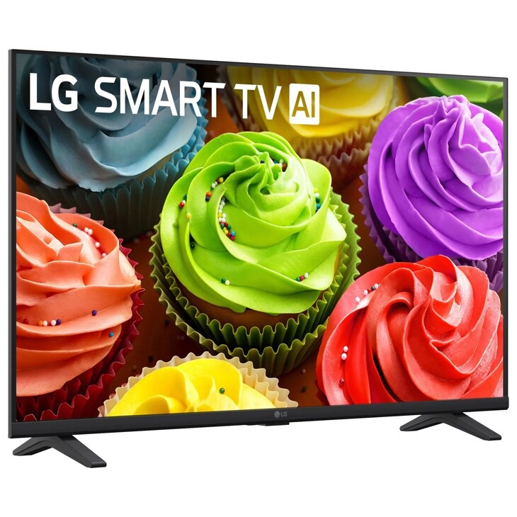 32-Inch LG Smart TV 32LB650BPUA displaying colorful cupcakes with AI branding on screen - Front View