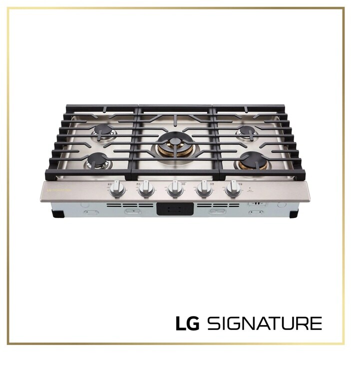 CBGU3639X Gas Cooktop with five burners featuring stainless steel surface, black grates, and front control knobs - Top-Down View