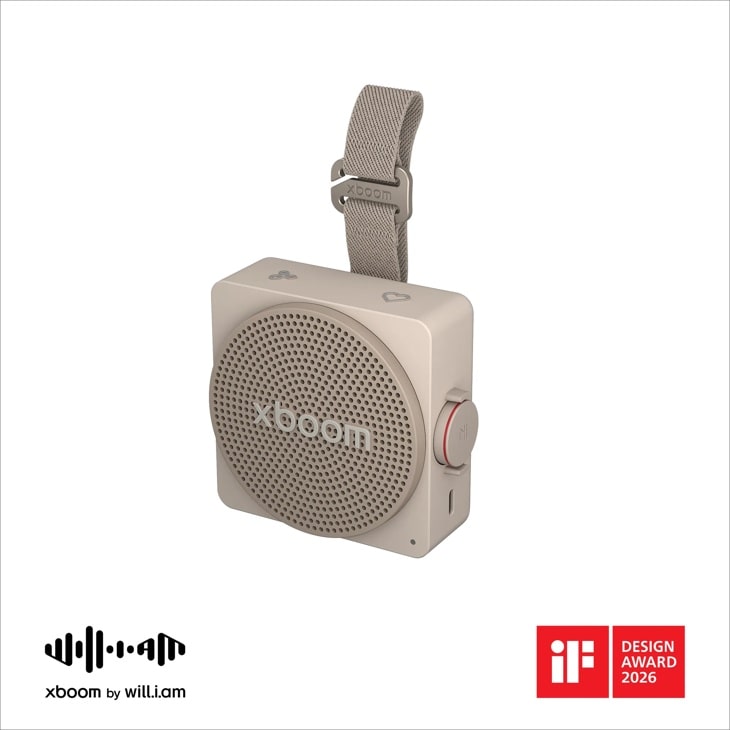 MINI_ANOALWG portable speaker in beige with fabric strap, circular speaker grille, control buttons, and iF Design Award 2026 badge