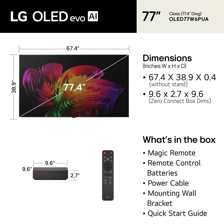 77-Inch LG OLED evo AI TV OLED77W6PUA dimensions showing 67.4 x 38.9 x 0.4 inches without stand and Zero Connect Box dimensions 9.6 x 2.7 x 9.6 inches