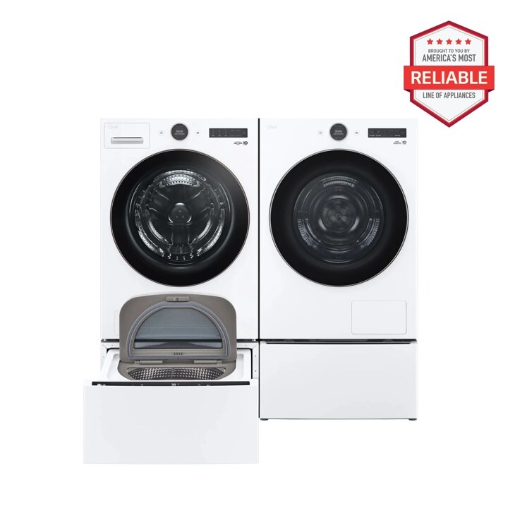 5.0 cu. ft. Front Load Washer and 7.8 cu. ft. Heat Pump Ventless Dryer with pedestal washer and drawer in White WM6500HWA_DLHC5502W_WD300CW_WDP6W