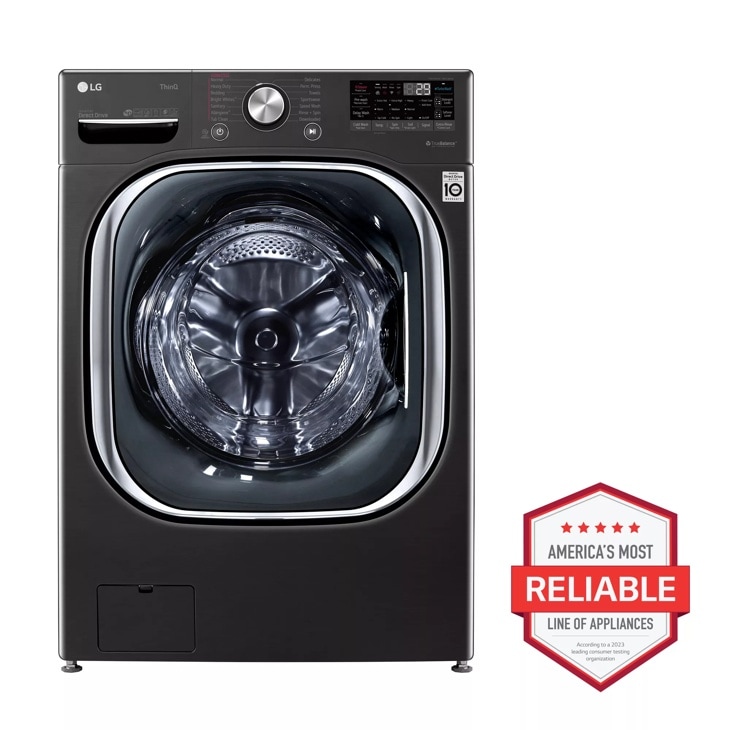 Front view of the 5.0 cu. ft. Mega Capacity  Smart wi-fi Enabled Front Load Washer with TurboWash™ 360° and Built-In Intelligence - WM4500HBA. Includes a graphic logo that says, Brought to you by America’s Most Reliable Line of Appliances.