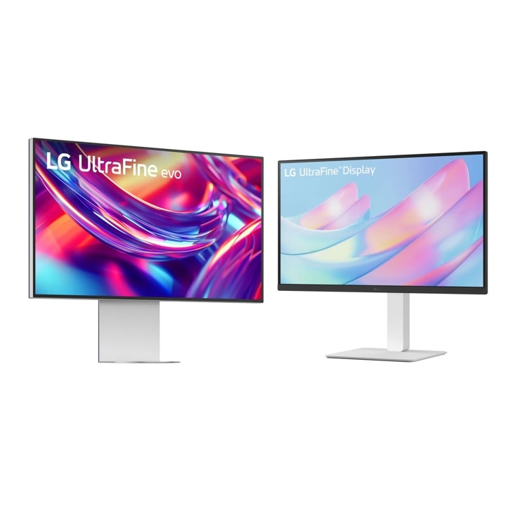 LG 32U990A-S and 27US550-W UltraFine Monitors with white stands displaying vibrant screens