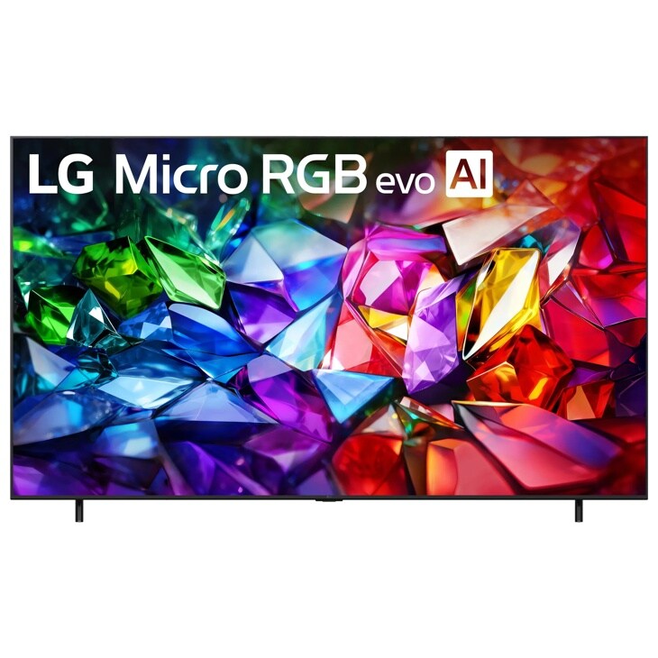 86-Inch LG Micro RGB evo AI 4K QNED TV 86MRGB95BUA displaying vibrant colorful crystal-like graphics - Front View