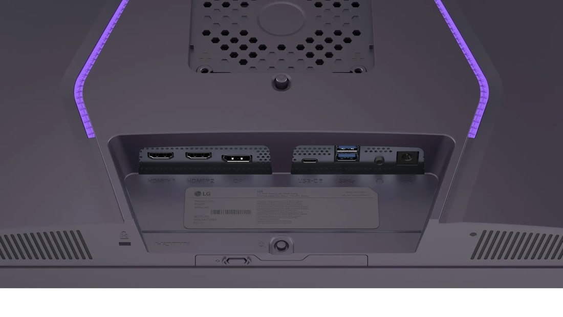 LG 27GM950B-B 27-Inch UltraGear Gaming Monitor back panel with HDMI, DisplayPort, USB-C ports and purple LED accent lighting - Back View with Ports