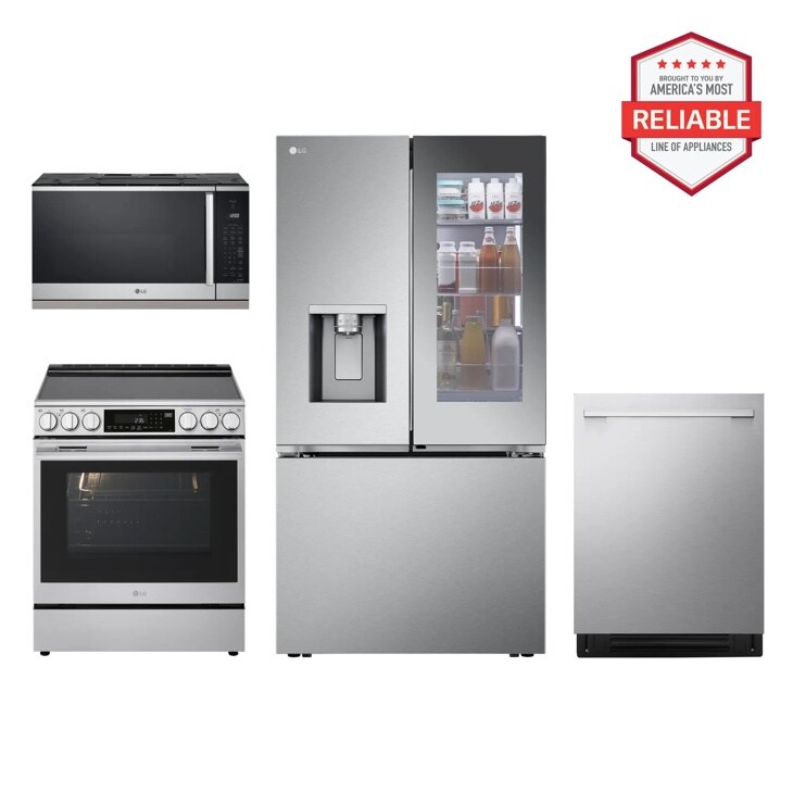 26 cu. ft. Counter-Depth Instaview Craft Ice French Door Refrigerator with Slide-in Electric Range, Top Control Dishwasher and Microwave Kitchen Package in Stainless Steel LRYKC2606S_LSEL6337XE_MVEL2125X_LDNTH753S