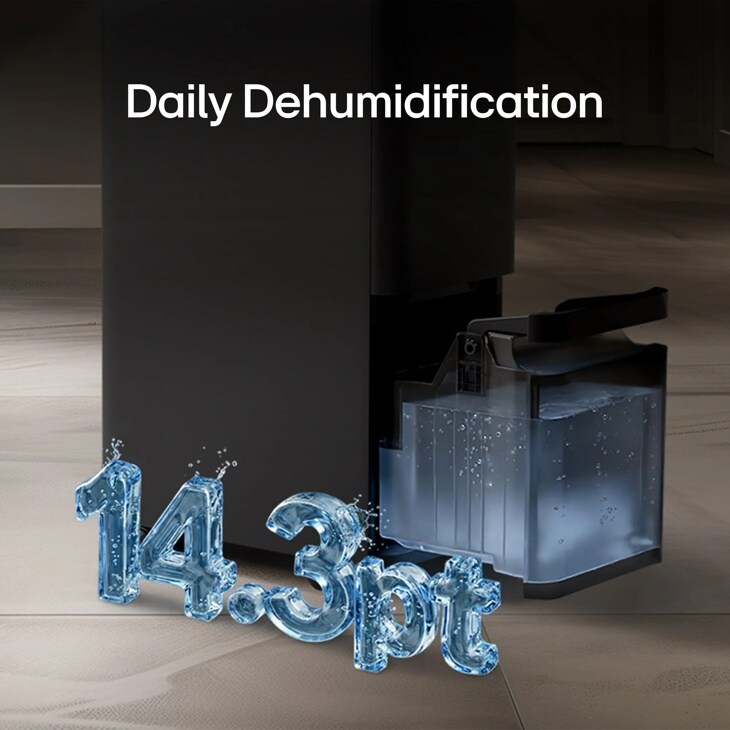 DT501BKR0 Dehumidifier infographic showing Daily Dehumidification with 14.3-pint water tank capacity