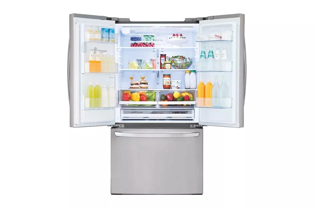 28 cu. ft. french door refrigerator interior view stocked with items