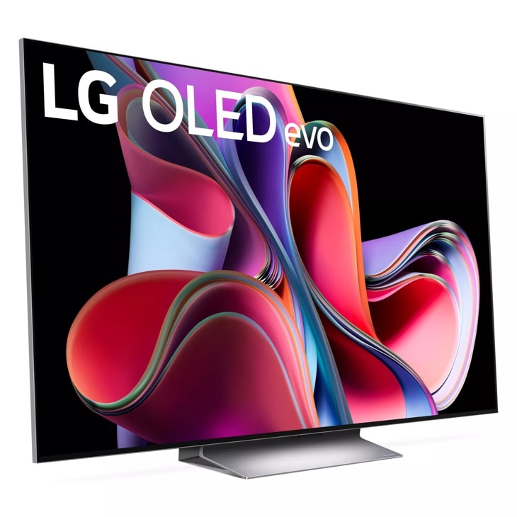 LG 77-inch G3 OLED evo smart tv with stand left side angle view